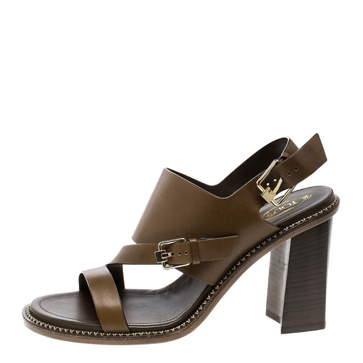 Pre Owned Tod's Brown Leather Ankle Strap Block Heel Sandals Size 40