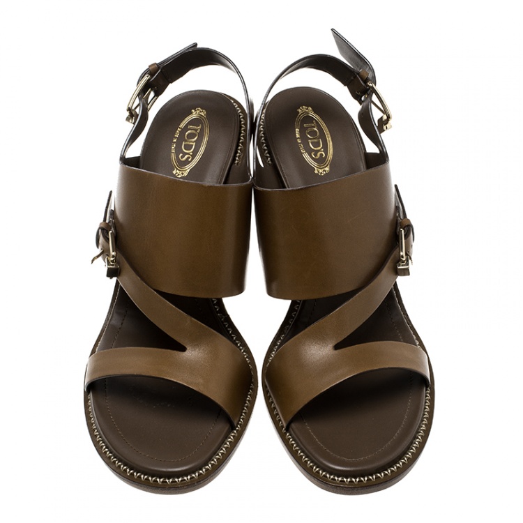 Pre Owned Tod's Brown Leather Ankle Strap Block Heel Sandals Size 40