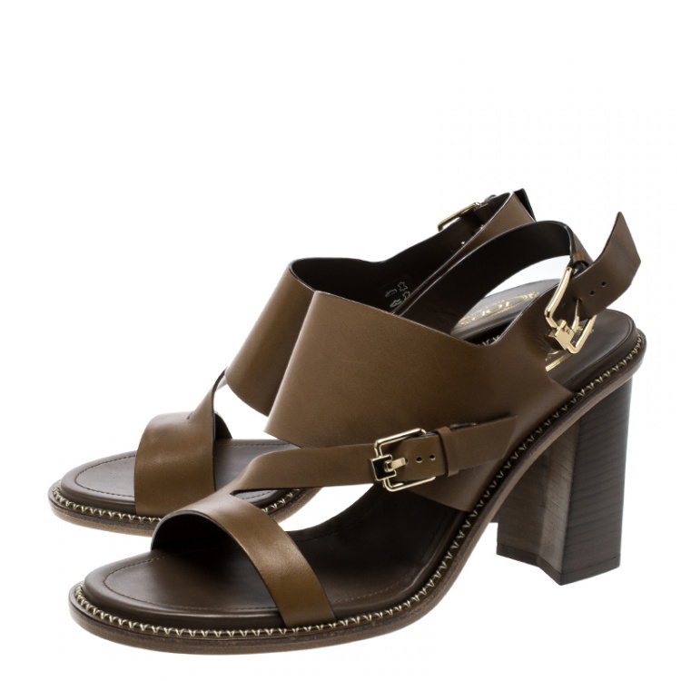 Pre Owned Tod's Brown Leather Ankle Strap Block Heel Sandals Size 40