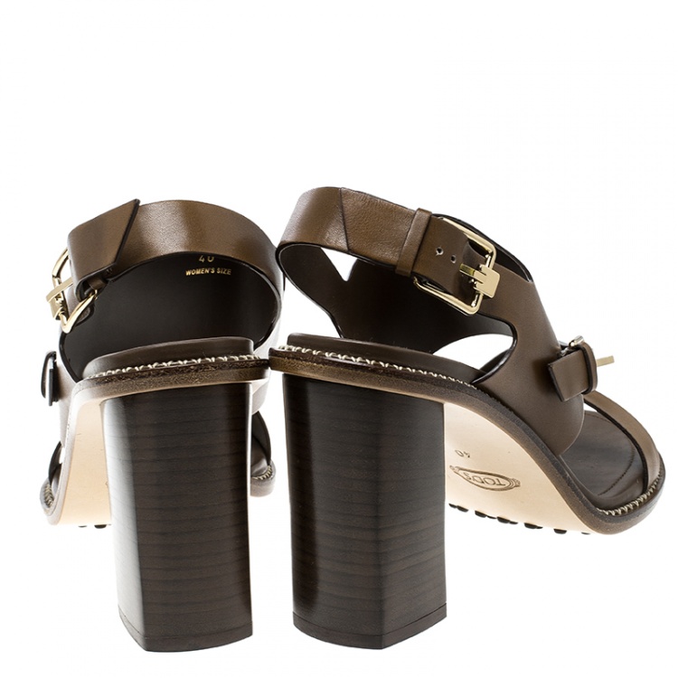 Pre Owned Tod's Brown Leather Ankle Strap Block Heel Sandals Size 40