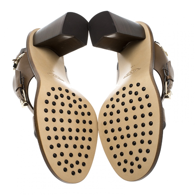 Pre Owned Tod's Brown Leather Ankle Strap Block Heel Sandals Size 40