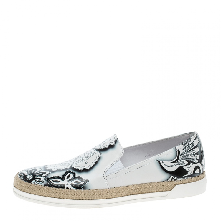 Pre Owned Tod's Monochrome Floral Printed Leather Espadrille Slip On Sneakers Size 37.5