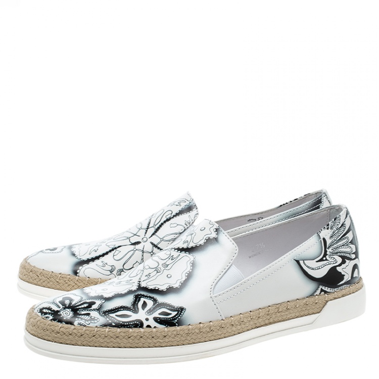 Pre Owned Tod's Monochrome Floral Printed Leather Espadrille Slip On Sneakers Size 37.5