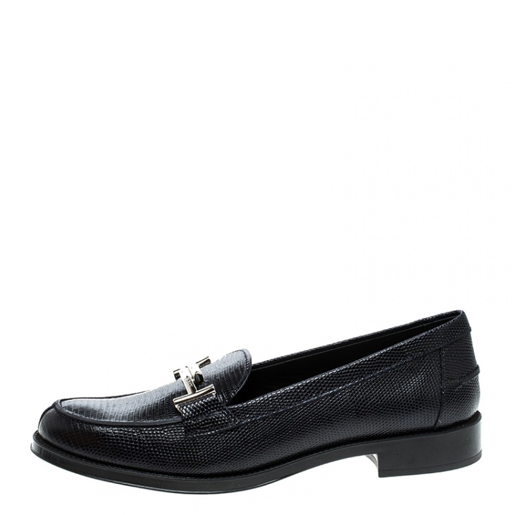 Pre Owned Tod's Oxford Blue Lizard Embossed Leather Double T Loafers Size 41