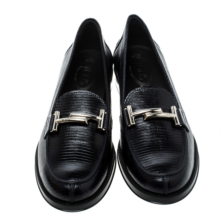 Pre Owned Tod's Oxford Blue Lizard Embossed Leather Double T Loafers Size 41