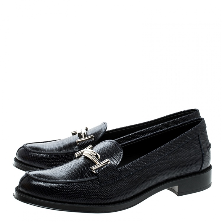 Pre Owned Tod's Oxford Blue Lizard Embossed Leather Double T Loafers Size 41