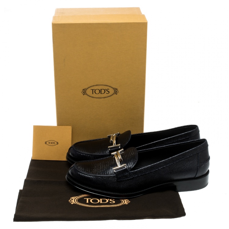 Pre Owned Tod's Oxford Blue Lizard Embossed Leather Double T Loafers Size 41