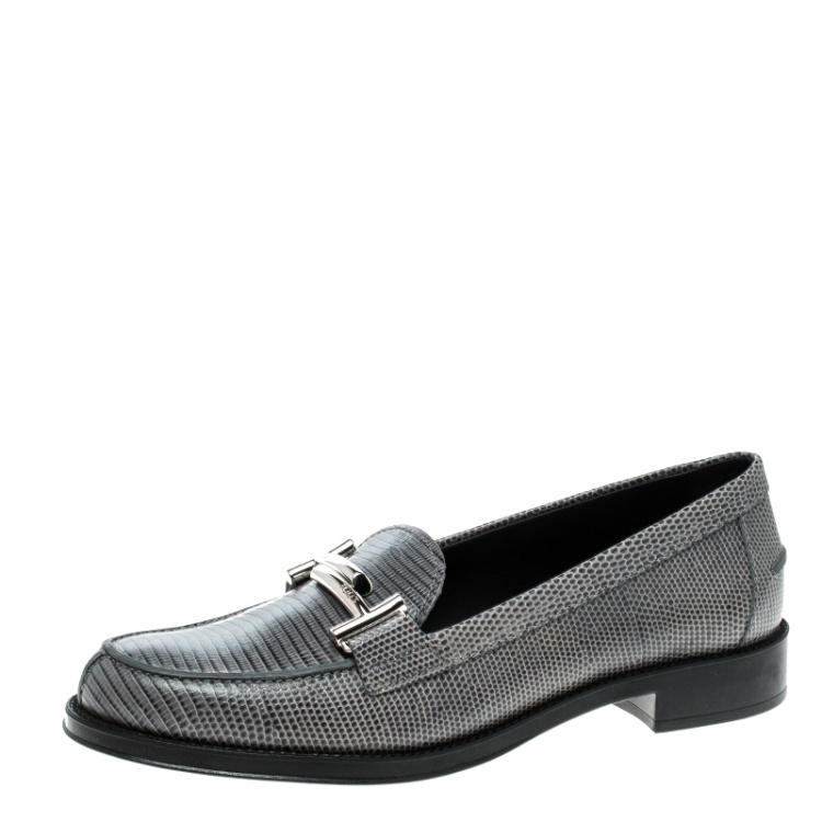 Pre Owned Tod's Grey Lizard Embossed Leather Double T Loafers Size 37.5