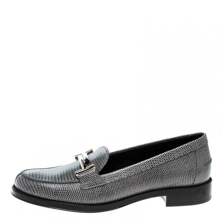 Pre Owned Tod's Grey Lizard Embossed Leather Double T Loafers Size 37.5