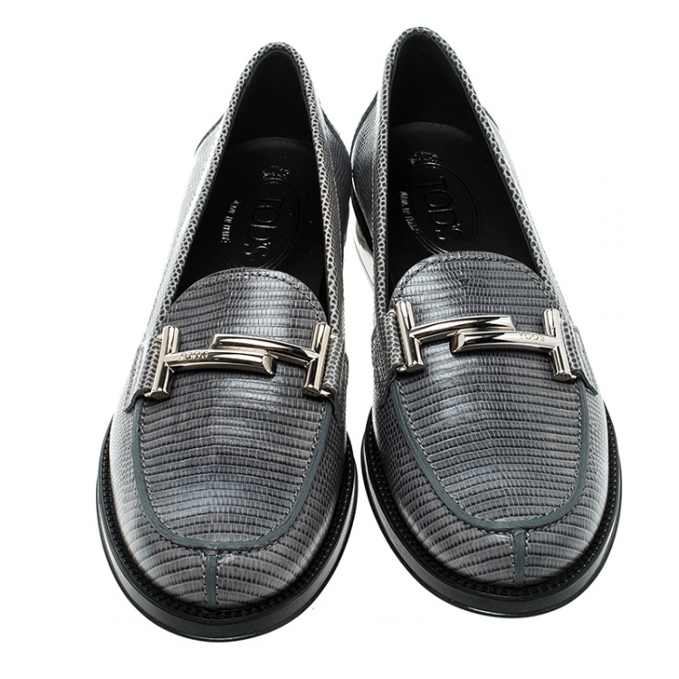 Pre Owned Tod's Grey Lizard Embossed Leather Double T Loafers Size 37.5