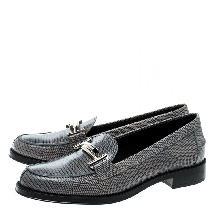 Pre Owned Tod's Grey Lizard Embossed Leather Double T Loafers Size 37.5