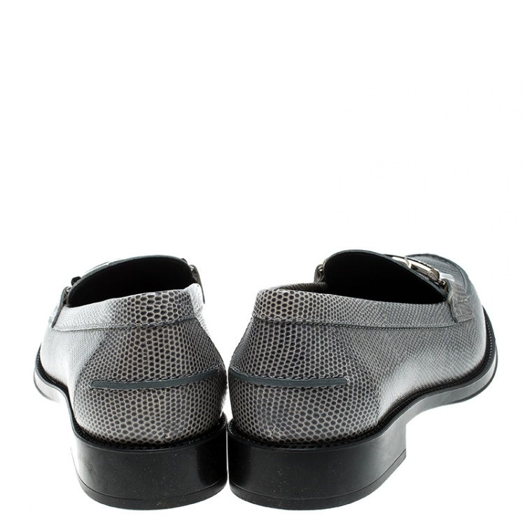 Pre Owned Tod's Grey Lizard Embossed Leather Double T Loafers Size 37.5