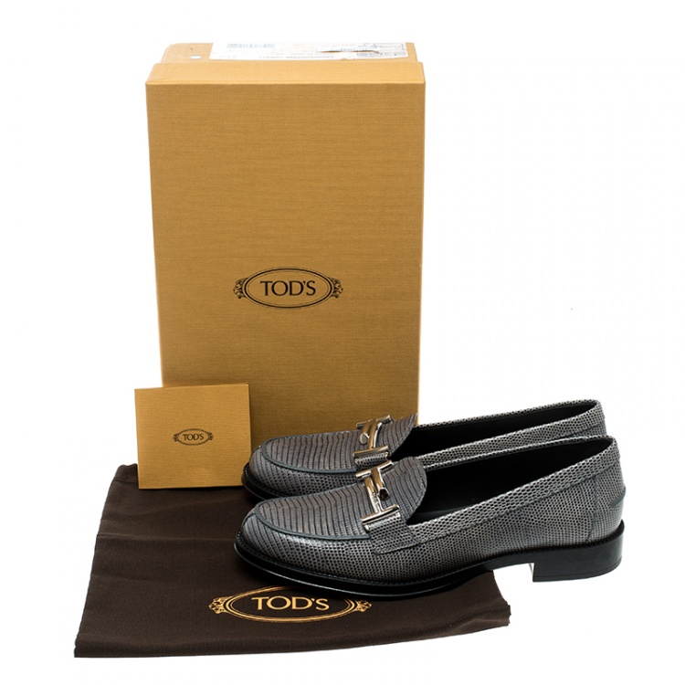 Pre Owned Tod's Grey Lizard Embossed Leather Double T Loafers Size 37.5