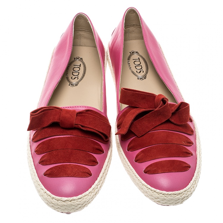 Pre Owned Tod's Pink Leather And Suede Ribbon Espadrille Loafers Size 39.5