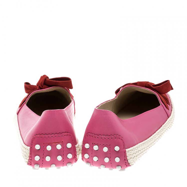 Pre Owned Tod's Pink Leather And Suede Ribbon Espadrille Loafers Size 39.5