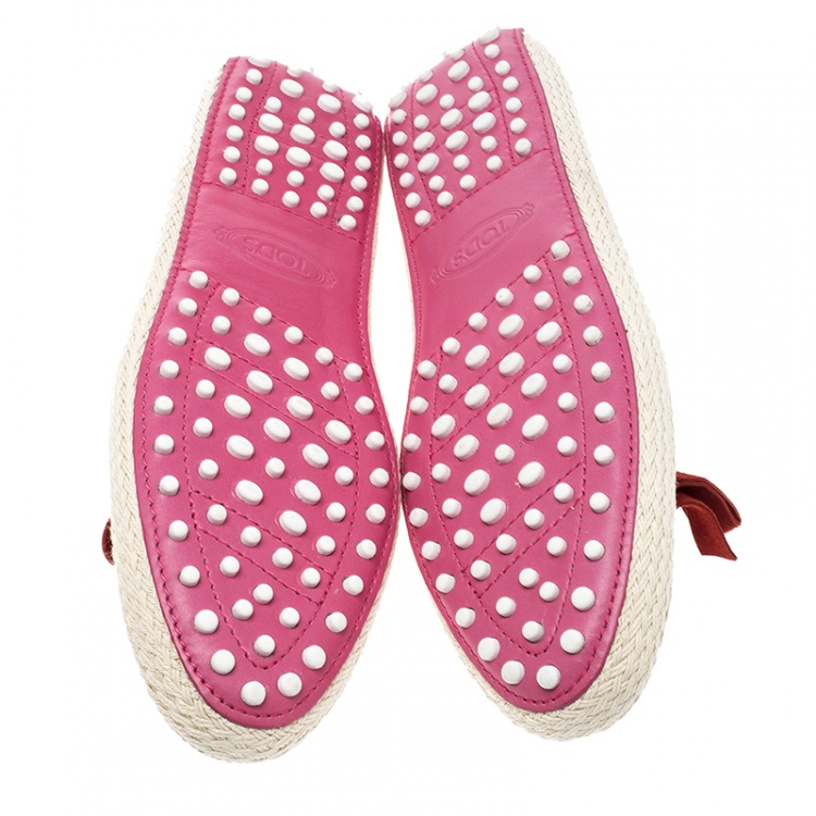 Pre Owned Tod's Pink Leather And Suede Ribbon Espadrille Loafers Size 39.5