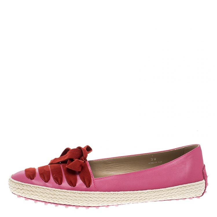 Pre Owned Tod's Pink Leather And Suede Ribbon Espadrille Loafers Size 39