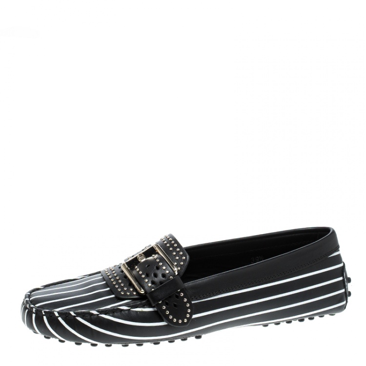 Pre Owned Tod's Black Stripes Printed Leather Studded Buckle Loafers Size 39.5