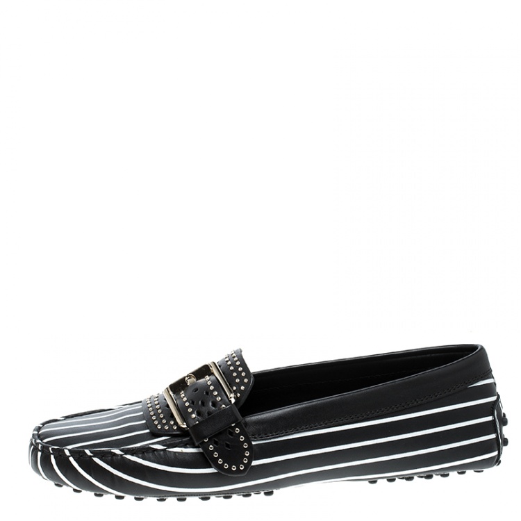 Pre Owned Tod's Black Stripes Printed Leather Studded Buckle Loafers Size 39.5