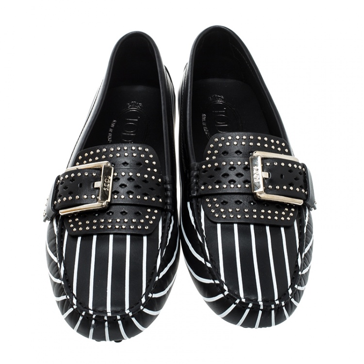 Pre Owned Tod's Black Stripes Printed Leather Studded Buckle Loafers Size 39.5