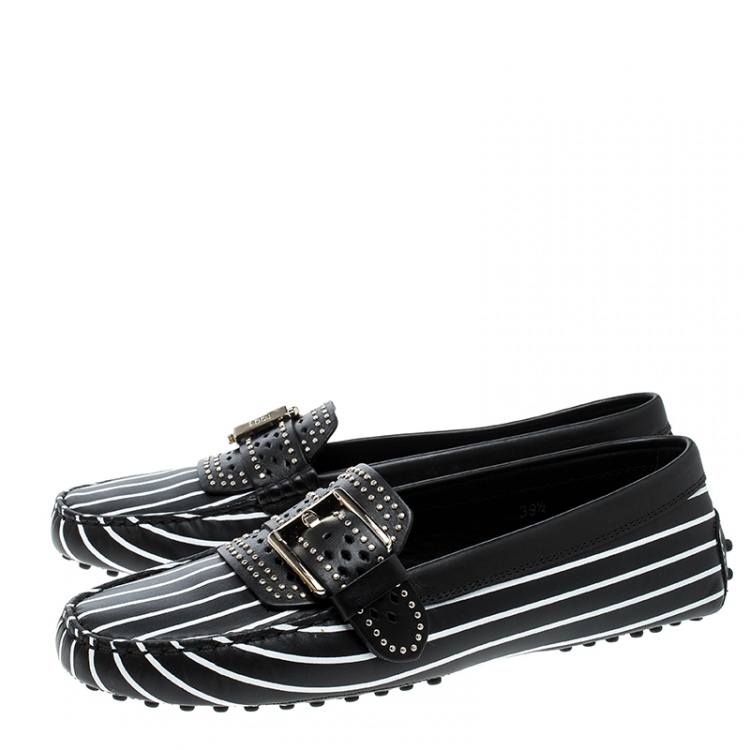 Pre Owned Tod's Black Stripes Printed Leather Studded Buckle Loafers Size 39.5