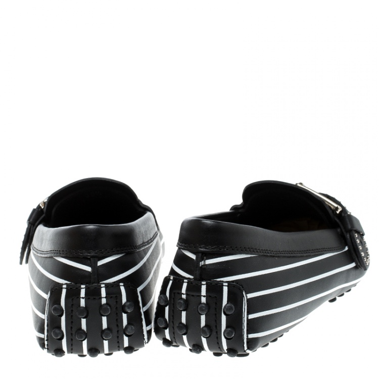 Pre Owned Tod's Black Stripes Printed Leather Studded Buckle Loafers Size 39.5