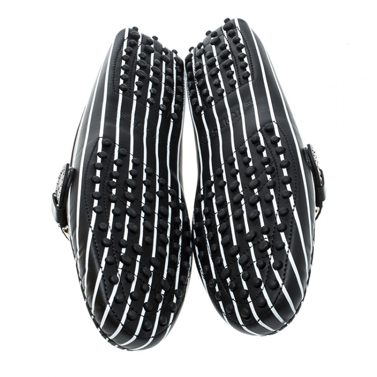 Pre Owned Tod's Black Stripes Printed Leather Studded Buckle Loafers Size 39.5