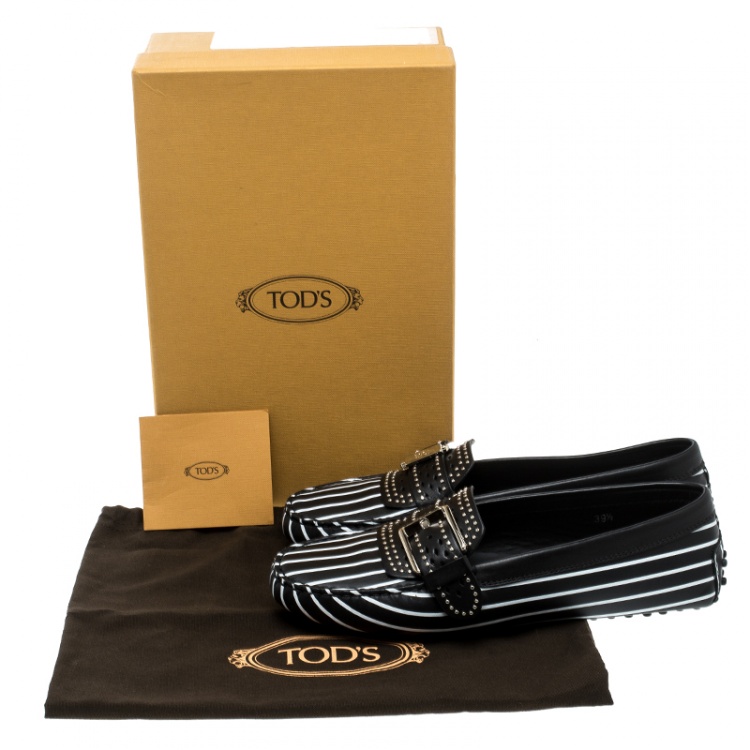 Pre Owned Tod's Black Stripes Printed Leather Studded Buckle Loafers Size 39.5