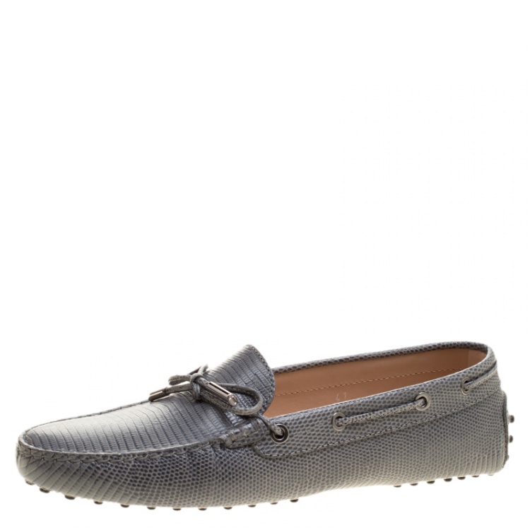 Pre Owned Tod's Grey Lizard Embossed Leather Bow Loafers Size 41