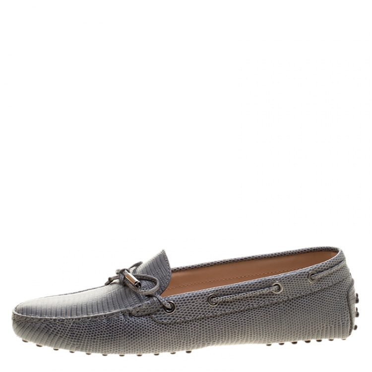Pre Owned Tod's Grey Lizard Embossed Leather Bow Loafers Size 41