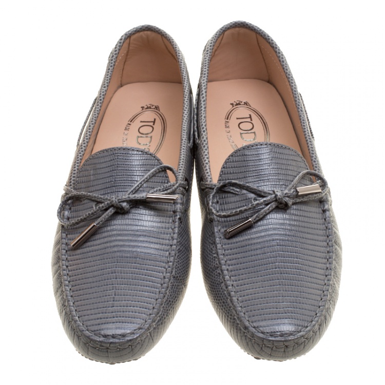 Pre Owned Tod's Grey Lizard Embossed Leather Bow Loafers Size 41