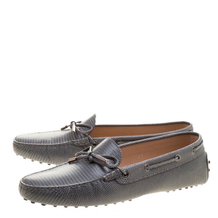 Pre Owned Tod's Grey Lizard Embossed Leather Bow Loafers Size 41