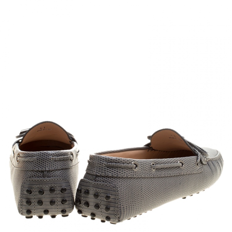 Pre Owned Tod's Grey Lizard Embossed Leather Bow Loafers Size 41