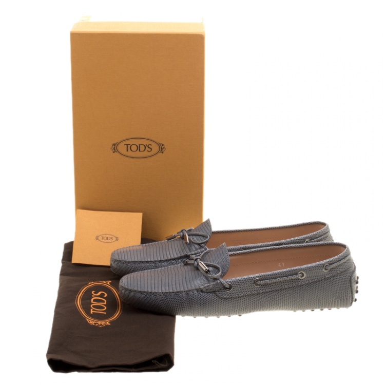 Pre Owned Tod's Grey Lizard Embossed Leather Bow Loafers Size 41