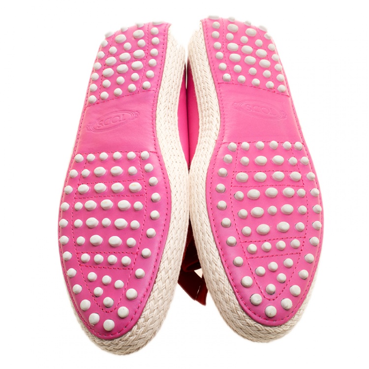 Pre Owned Tod's Pink Leather And Suede Ribbon Espadrille Loafers Size 37.5
