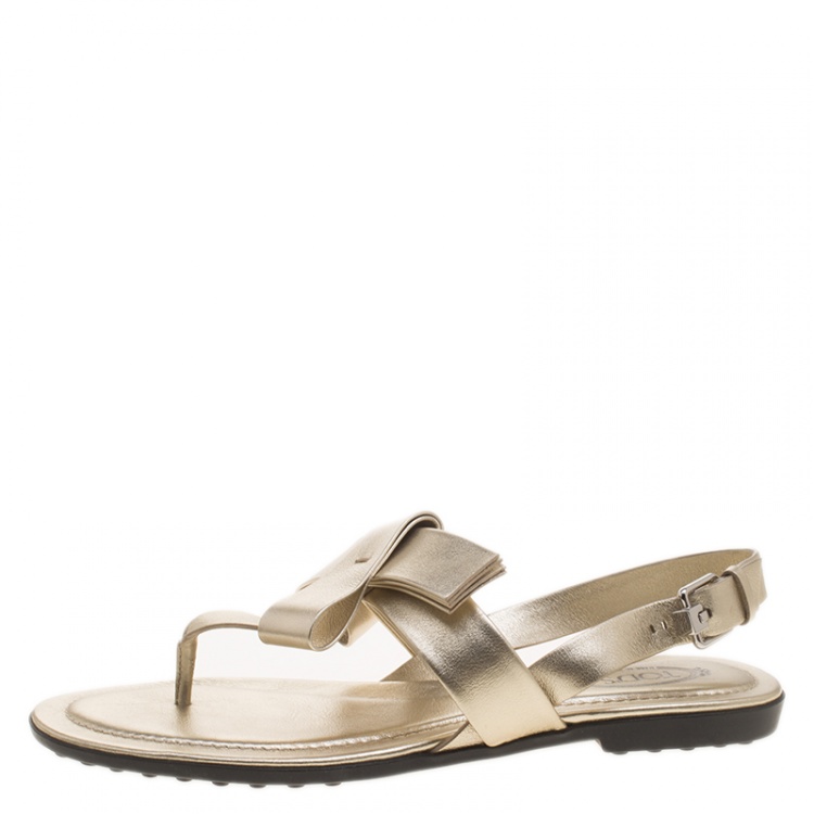 Pre Owned Tod's Metallic Gold Leather Bow Detail Flat Thong Sandals Size 37