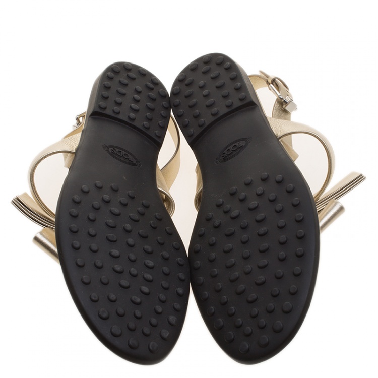 Pre Owned Tod's Metallic Gold Leather Bow Detail Flat Thong Sandals Size 37