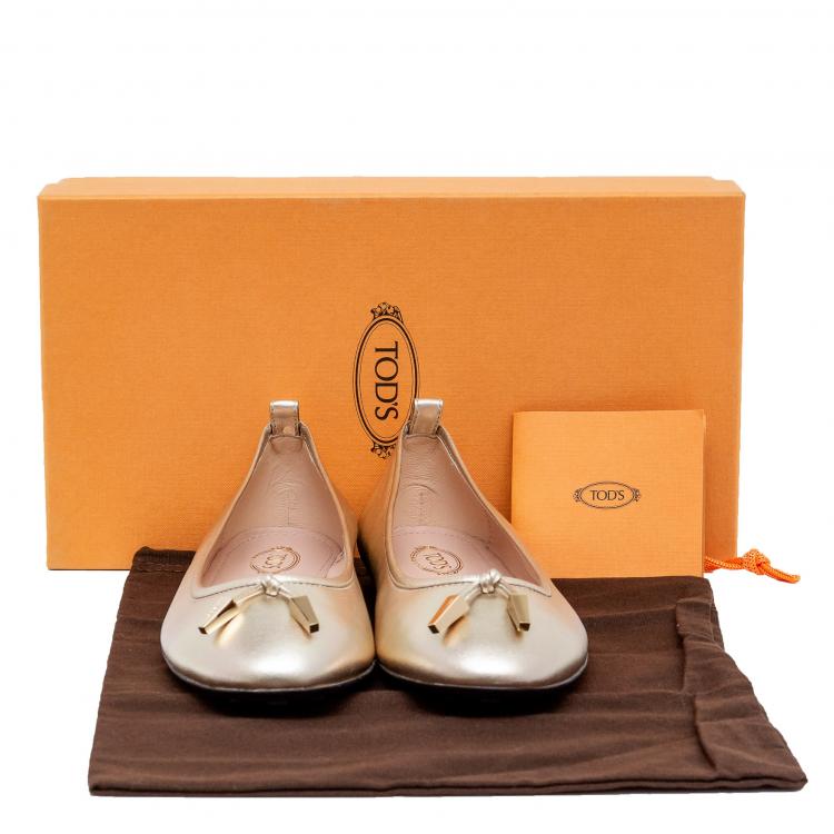 Pre Owned Tod's Gold Leather Tassel Ballet Flats Size 39.5