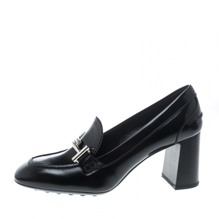 Pre Owned Tod's Black Leather Gomma Maxi Double T Court Loafer Pumps Size 38.5