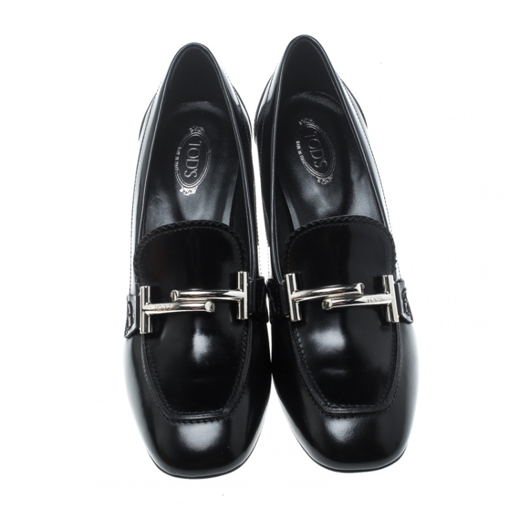 Pre Owned Tod's Black Leather Gomma Maxi Double T Court Loafer Pumps Size 38.5