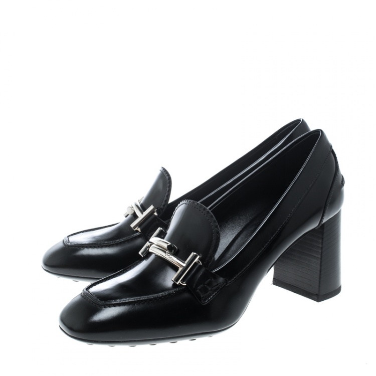 Pre Owned Tod's Black Leather Gomma Maxi Double T Court Loafer Pumps Size 38.5