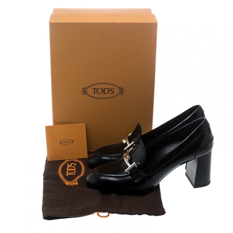 Pre Owned Tod's Black Leather Gomma Maxi Double T Court Loafer Pumps Size 38.5