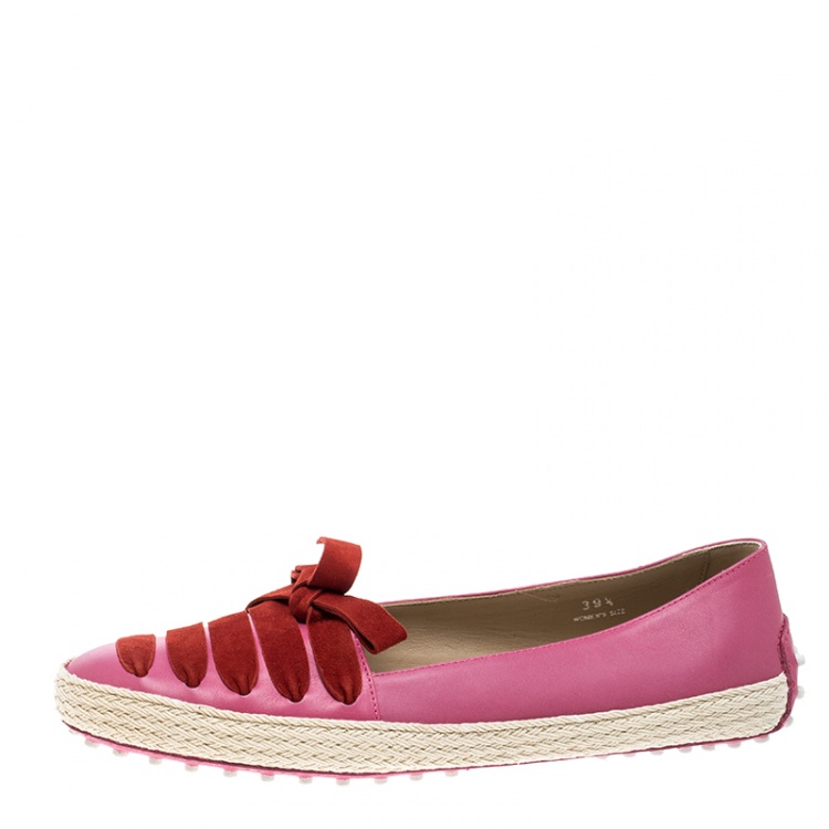 Pre Owned Tod's Pink Leather And Suede Ribbon Espadrille Loafers Size 39.5
