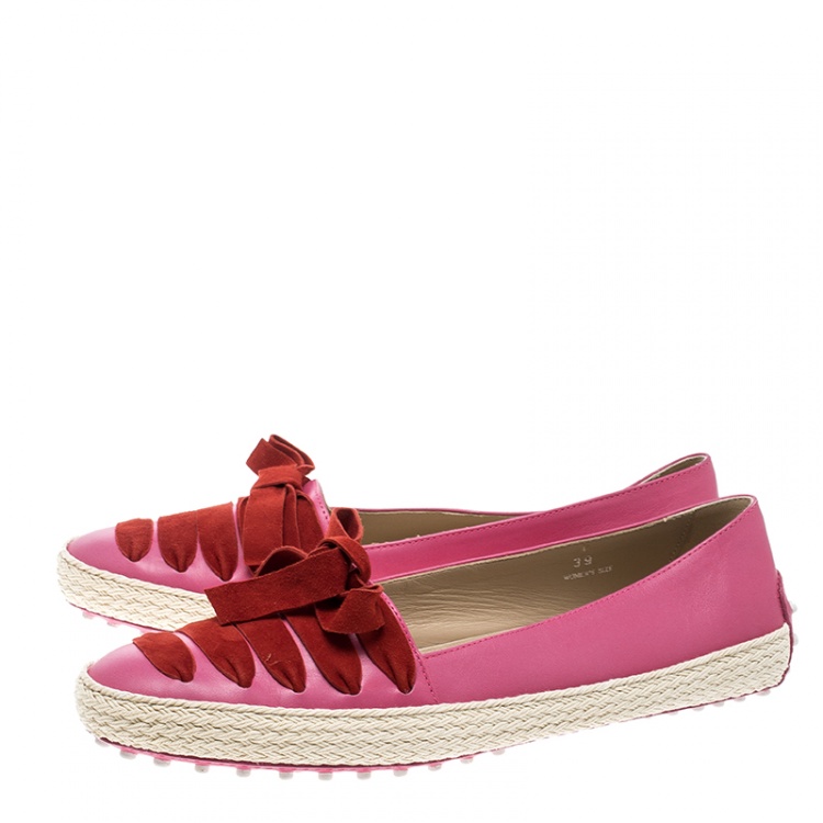Pre Owned Tod's Pink Leather And Suede Ribbon Espadrille Loafers Size 39.5