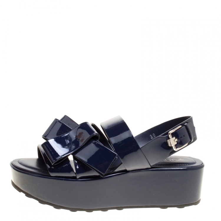 Pre Owned Tod's Navy Blue Patent Leather Slingback Platform Sandals Size 38