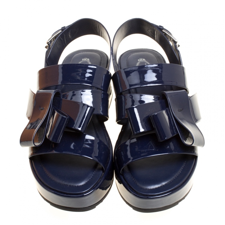 Pre Owned Tod's Navy Blue Patent Leather Slingback Platform Sandals Size 38