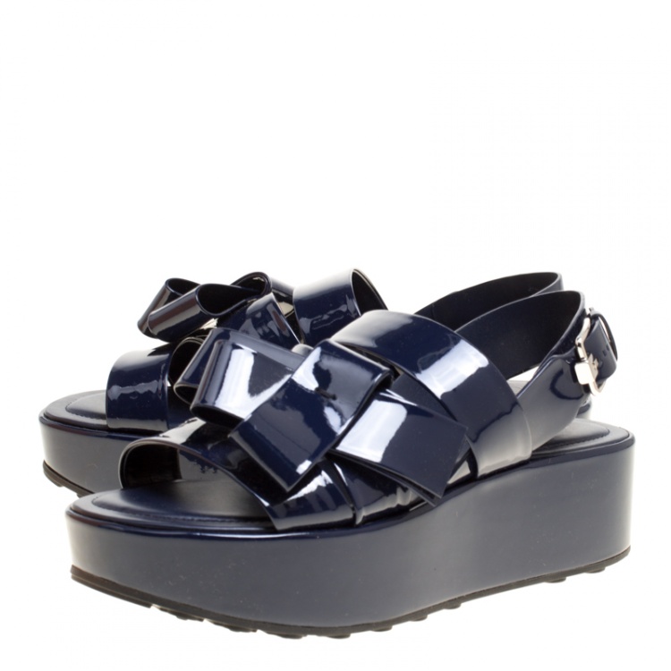 Pre Owned Tod's Navy Blue Patent Leather Slingback Platform Sandals Size 38