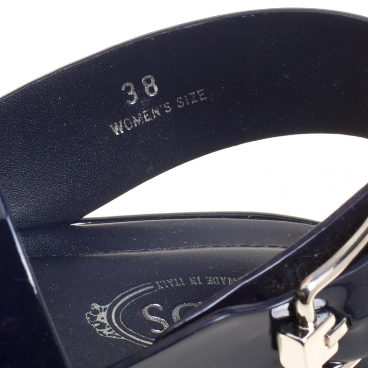 Pre Owned Tod's Navy Blue Patent Leather Slingback Platform Sandals Size 38