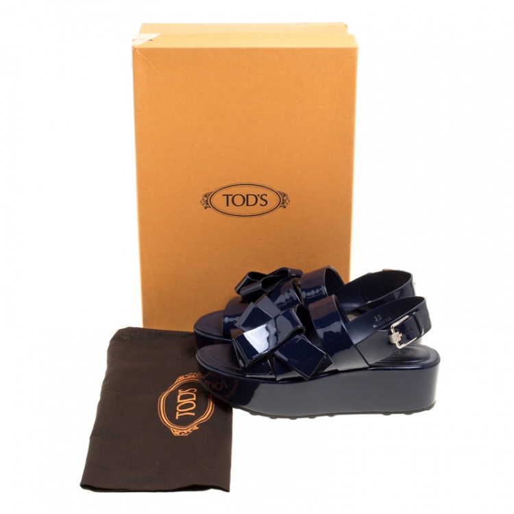 Pre Owned Tod's Navy Blue Patent Leather Slingback Platform Sandals Size 38