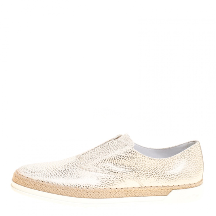 Pre Owned Tod's Cream Textured Leather Francesina Espadrille Slip On Sneakers Size 39.5